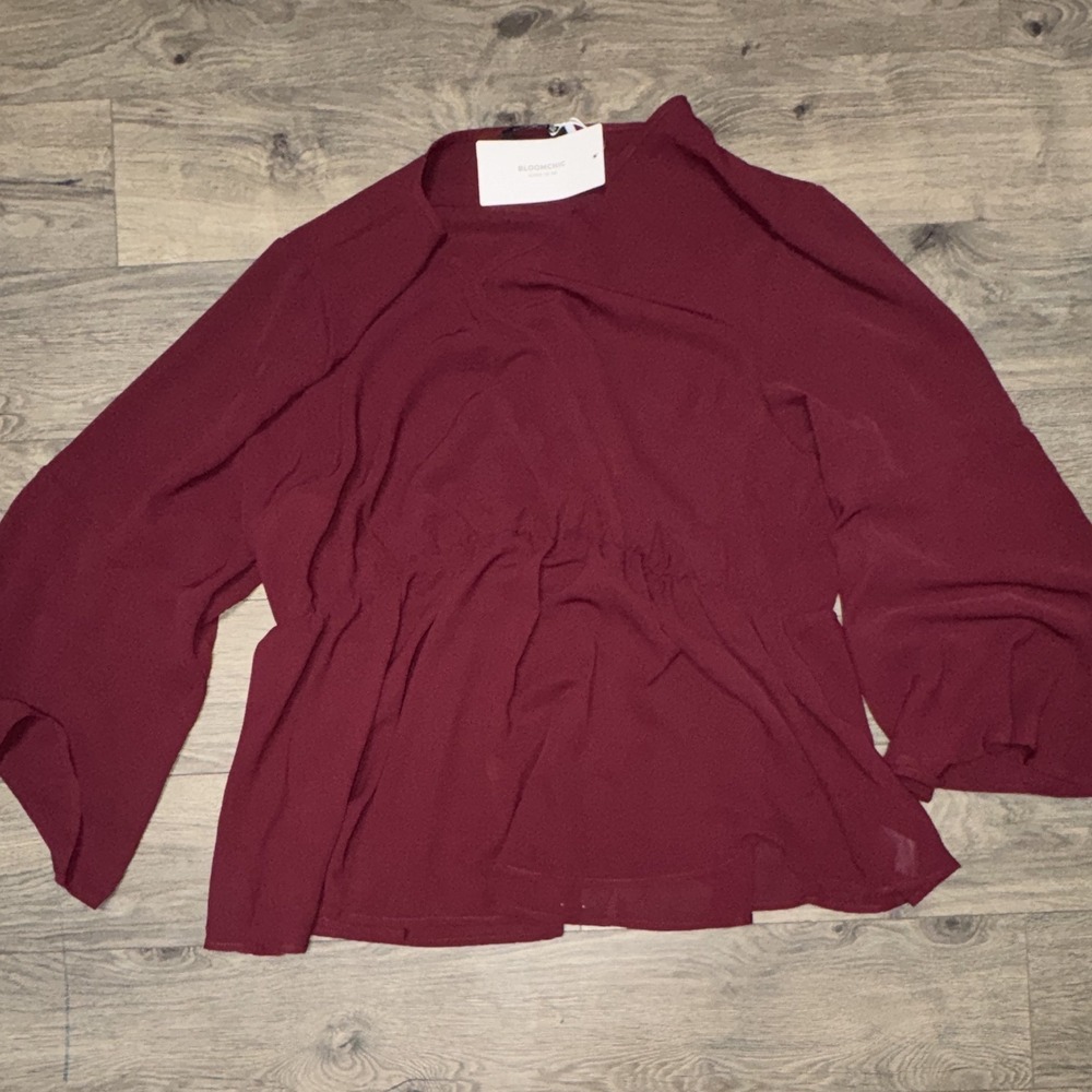 BloomChic Burgundy Plus Size 26 V-Neck Long Sleeve Ruffle Polyester Blouse